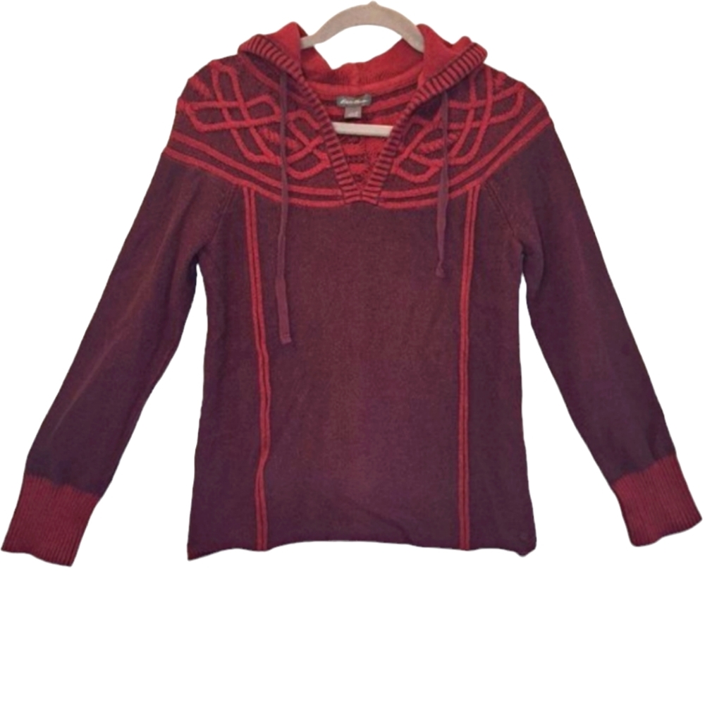 Eddie Bauer Chunky Burgundy Red Hooded Sweater Size Small